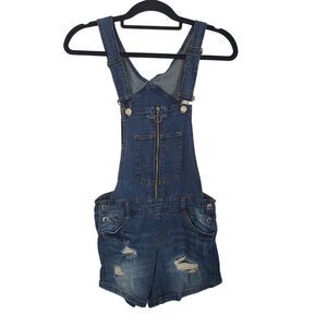 Almost Famous Shortall Overalls 0 Womens Dark Wash Distressed Zipper Front
